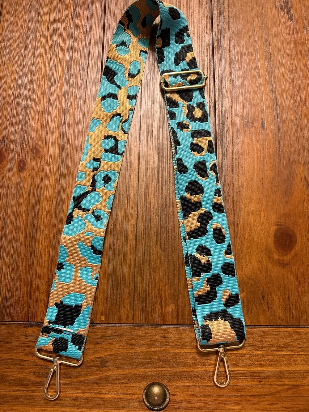 Adjustable purse or bag Strap in Teal, Tan and black Leopard Print; gold clip